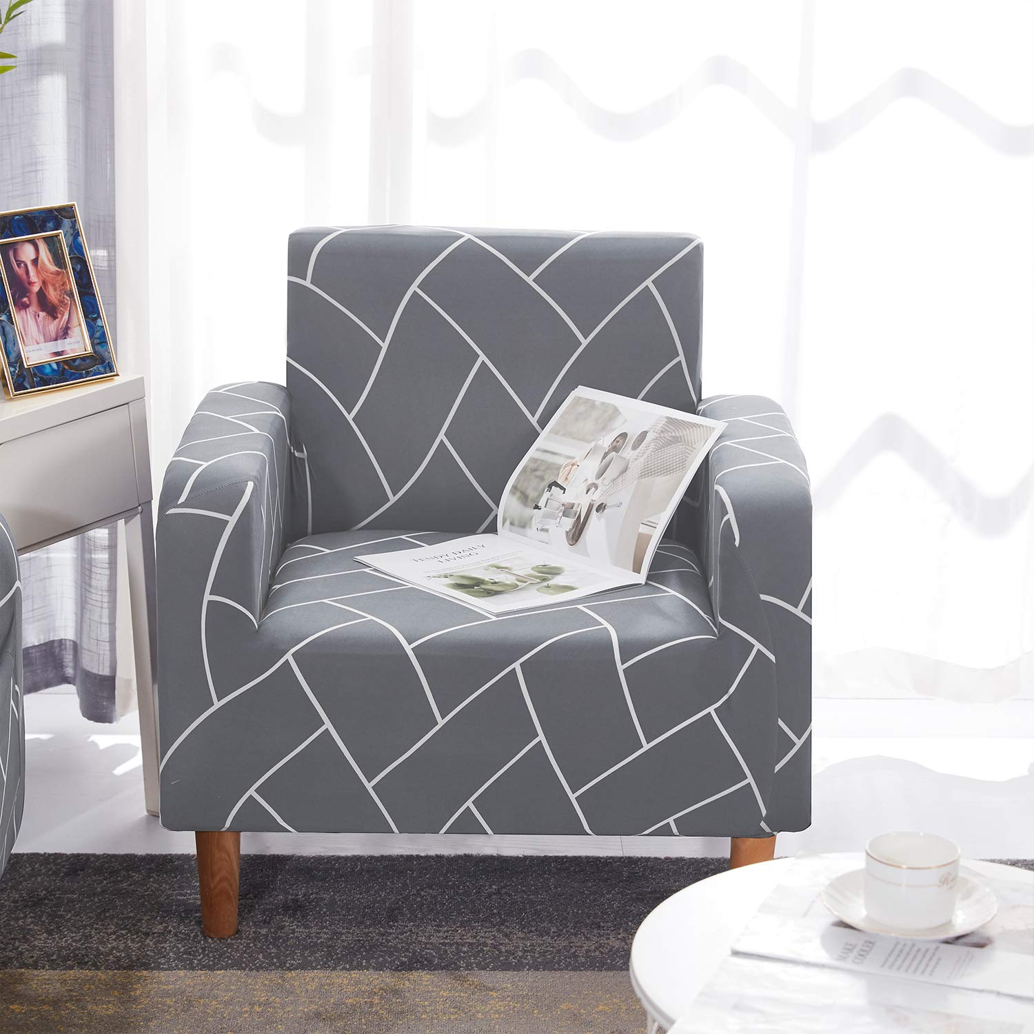 WedDecor 1 Seater Sofa Cover, High Stretch Sofa Cover, Anti-Slip Couch/Sofa Slipcover, Polyester Spandex Sofa Slipcover with Elastic Bottom Easy Fit, Washable Sofa Protectors - Light Grey & White