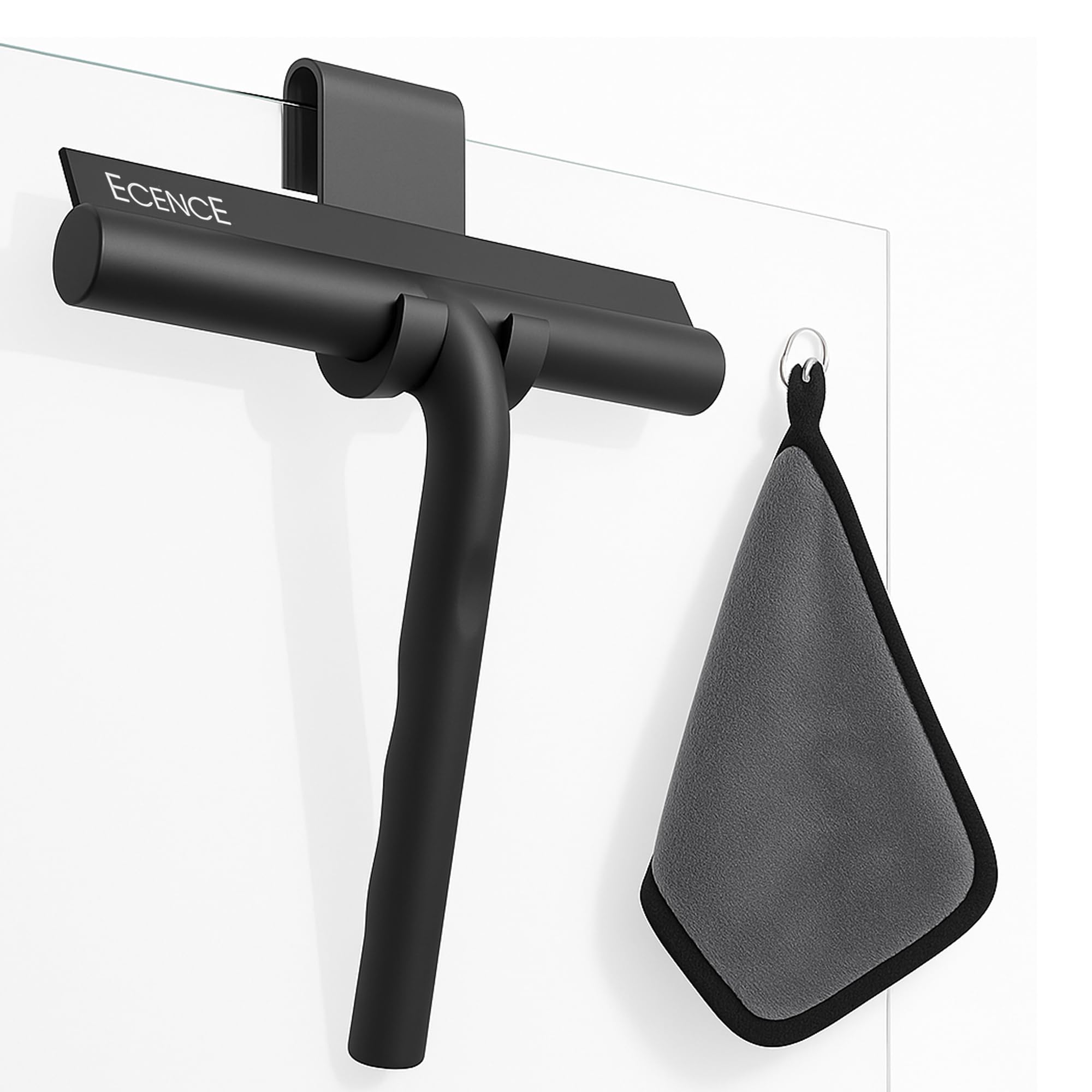 ECENCE Shower Squeegee for shower doors - Silicone Squeegee mounted shower wiper with microfiber cloth - Black - 8.27inch/21cm