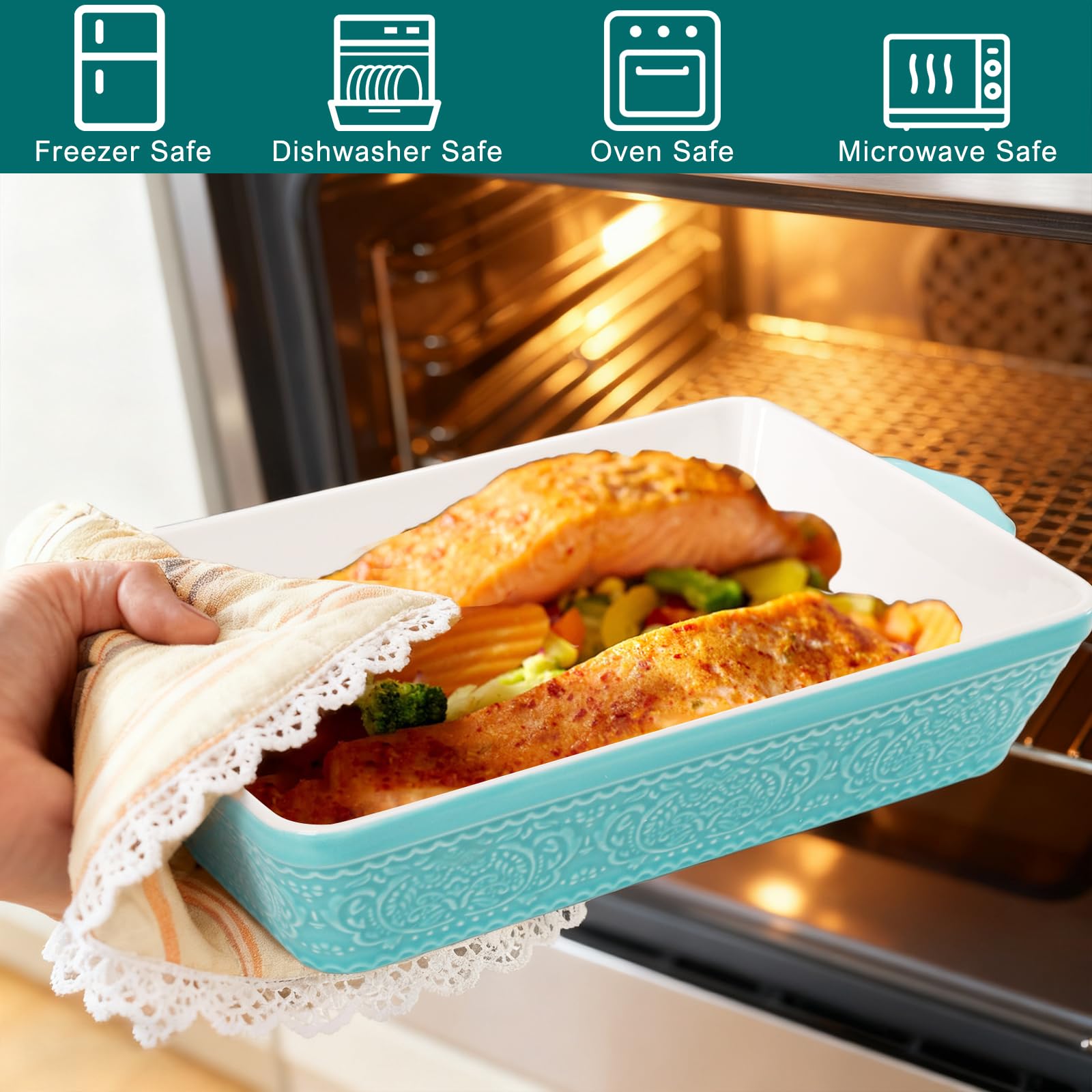 SOUJOY Ceramic Baking Dish Set of 3, Oven-to-Table and Non-Stick Rectangular Casserole Dishes with Sturdy Handles, Space-Saving Stack Lasagna Pan for Cooking, Serving, Roasting, Gifting, Turquoise