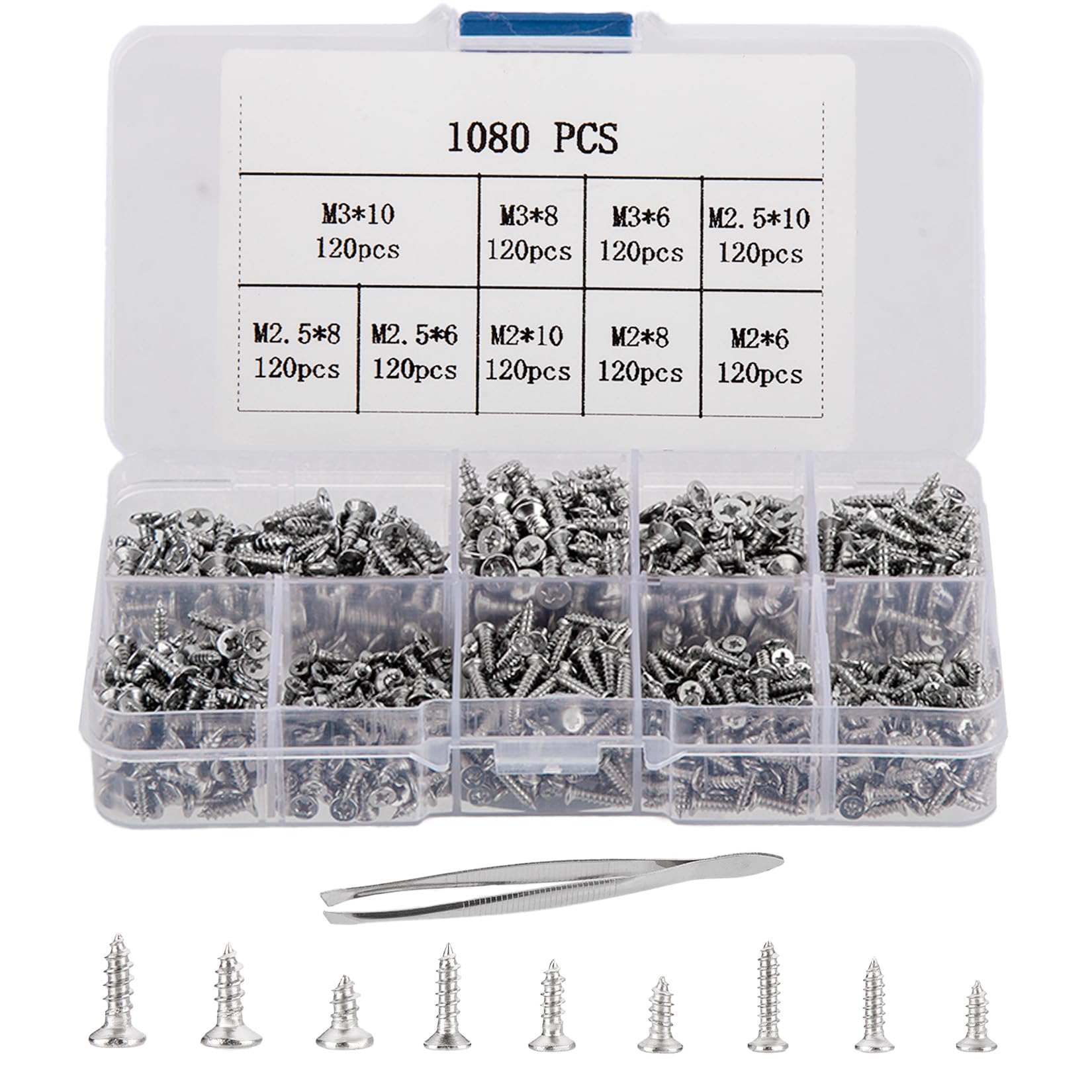 1080 Pcs Stainless steel Small Wood Screws Assortment Kit, M2/M2.5/M3 Cross Head Self Tapping Screws, 6/8/10mm Tiny Flat Head Self Drilling Screws Set for Wood(silver) — image 1