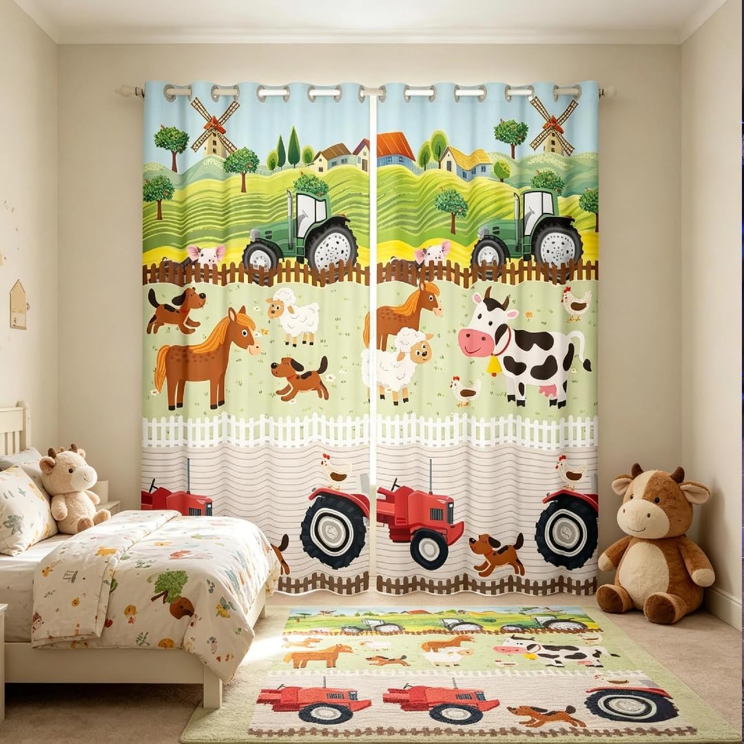 Loussiesd Kids Cartoon Farm Animals Window Curtains for Bedroom Living Room Toddler Cute Tractors Curtain Child Farmhouse Country Window Drapes Colorful Nature Window Treatments,W52*L90