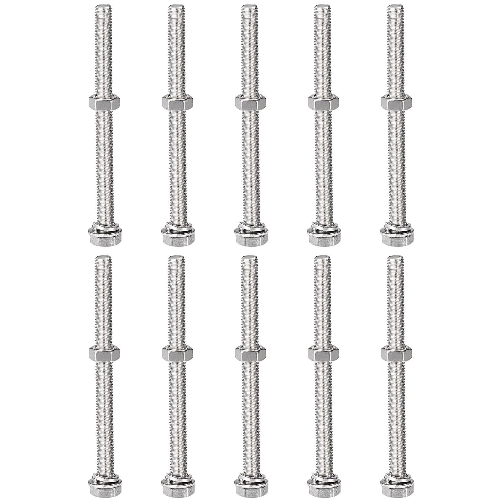 TOP-VIGOR 10Pcs M8 x 100mm Hex Head Screws Bolts, Nuts, Flat & Lock Washers Kits, 304 Stainless Steel Fully Thread Hexagon Bolts for DIY Bike Motorcycles Repair