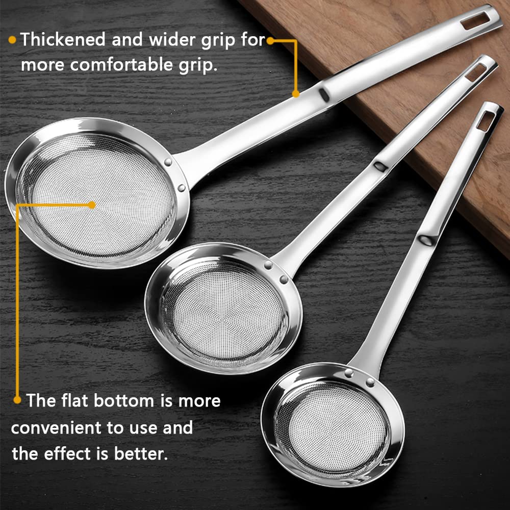 Sieve Fine Mesh Strainer Set Stainless Steel Metal Flat Cooking Skimmer Ladle Colander With Handle Food Strainer Kitchen Tools For Kitchen Baking Oil Filter Flour Sifter Foam,L M Small 3Pack