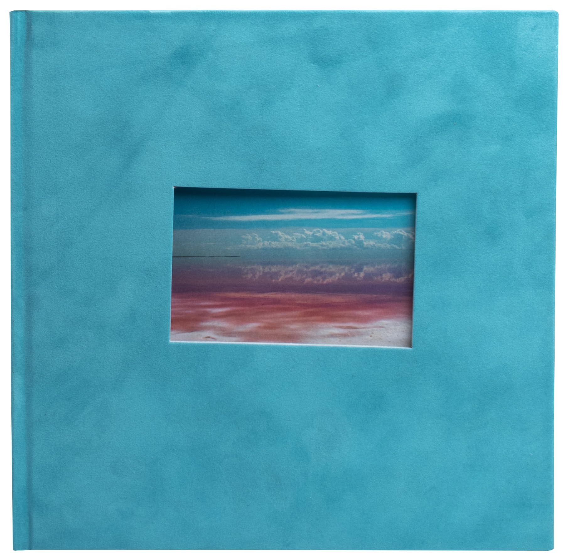 Exacompta - Ref. 16358E – Skandi Book Photo Album – 60 Photos – 30 White Pages – Size 25 x 25 cm – Turquoise Velour Look Cover – Customisation Window with Visual Holiday Landscape