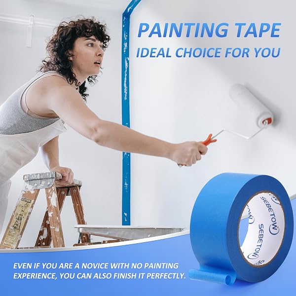 SEBETOW 10 ROLLS PAINTERS TAPE 2 INCH BULK PAINTER TAPE BLUE WIDE ROLL, BLUE MASKING TAPE, 2 INCHES X 55 YARDS FOR GENERAL PURPOSE WALL PAINTING, HOME IMPROVEMENT