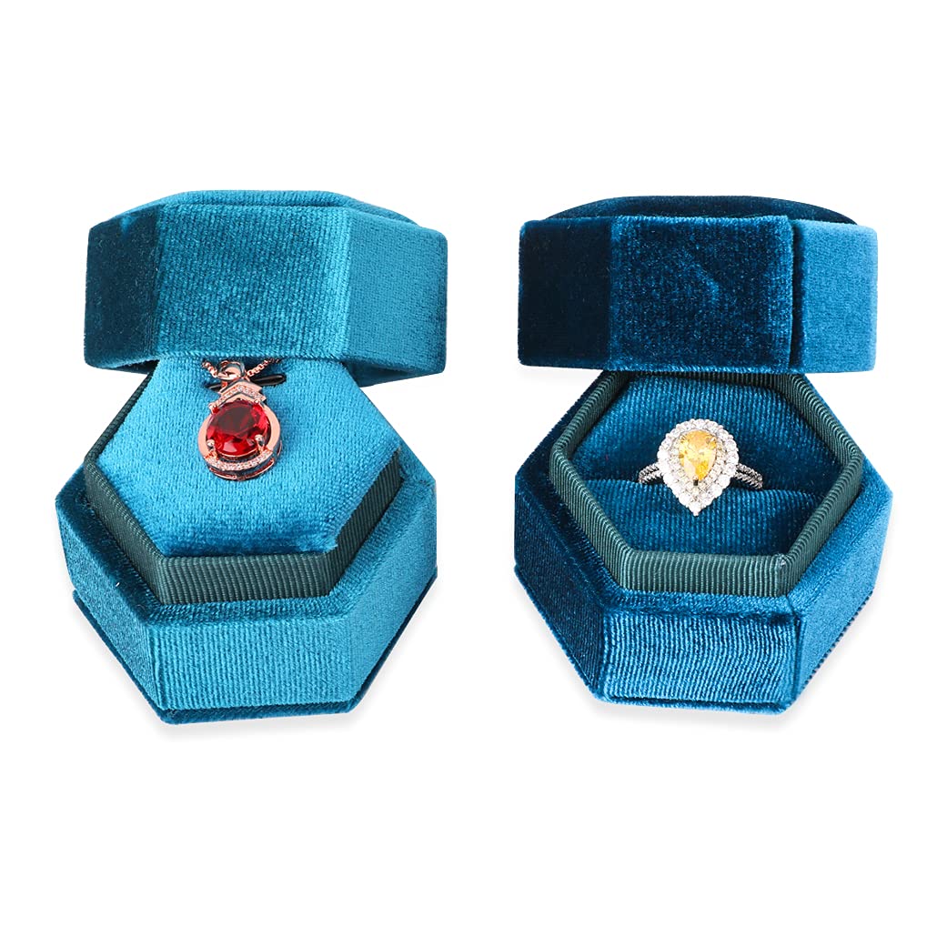 iSuperb 2pieces Velvet Ring Box Necklace Box Hexagon Jewellery Gift Boxes Pendant Box Single Ring Box for Proposal Wedding Jewelry Case Trinket Boxes for Women/light blue