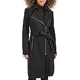 Kenneth Cole Women's Wool Tweed Textured Asymmetrical Zip Belted Wool Coat With Zipper Trim