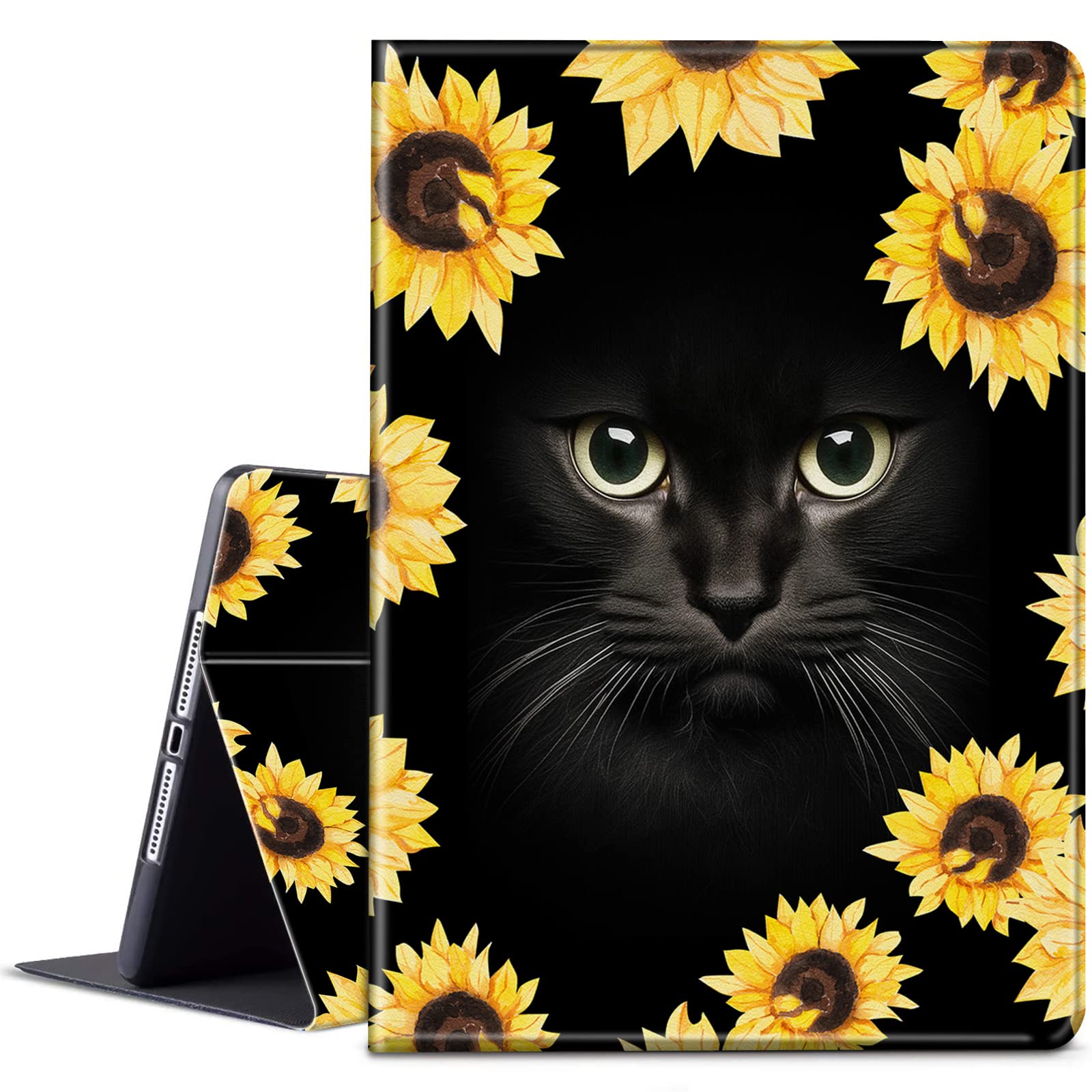 for iPad Air 5th Generation Case for iPad Air 4th Generation Case 10.9 inch BPQOJB with Adjustable Stand & Auto Wake/Sleep Feature Smart Protect Cover for iPad Air 5/Air 4,Sunflower and Black Cat