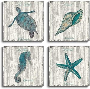 YPY Sea Turtle Bathroom Wall Decor Canvas Prints Seahorse Teal Watercolor Painting Beach Theme Artwork 4 Panels Framed for Bedroom Living Room Home Office Decorations (12x12in, Black White)