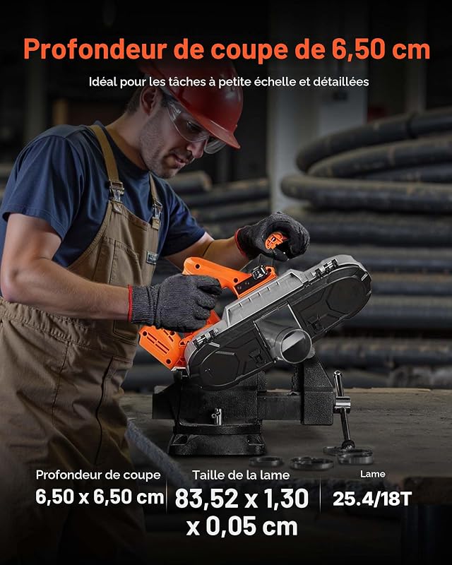 Scie à Ruban Portative 20 V, Profondeur de Coupe 6,5 cm, Moteur sans Balais, sans Fil, Compacte, avec Crochet de Suspension, Vitesse Variable de 0-192 m/min, pour Couper Métal Bois (Outil Seul)