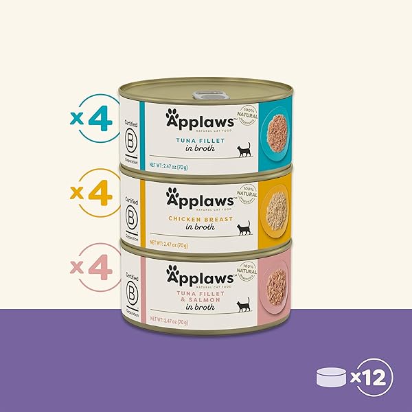 APPLAWS NATURAL WET CANNED CAT FOOD, MADE WITH LIMITED AND NATURAL INGREIDENTS, REAL PROTEIN WITH NO ARTIFICIAL ADDITIVES, VARIETY PACK IN BROTH (12 X 2.47OZ CANS)