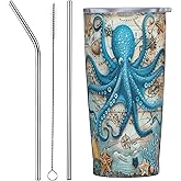 Qceqkul Octopus Tumbler with Lid and Straw 20 oz Stainless Steel Cup Insulated Tumbler Coffee Mug for Home Office or Car Christmas Birthday Gifts