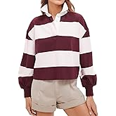 JEIBKOUY Womens Striped Color Block Polo Sweatshirt Y2k Long Sleeve Lapel Collar Rugby Shirt Button V Neck Pullover Crop Tops