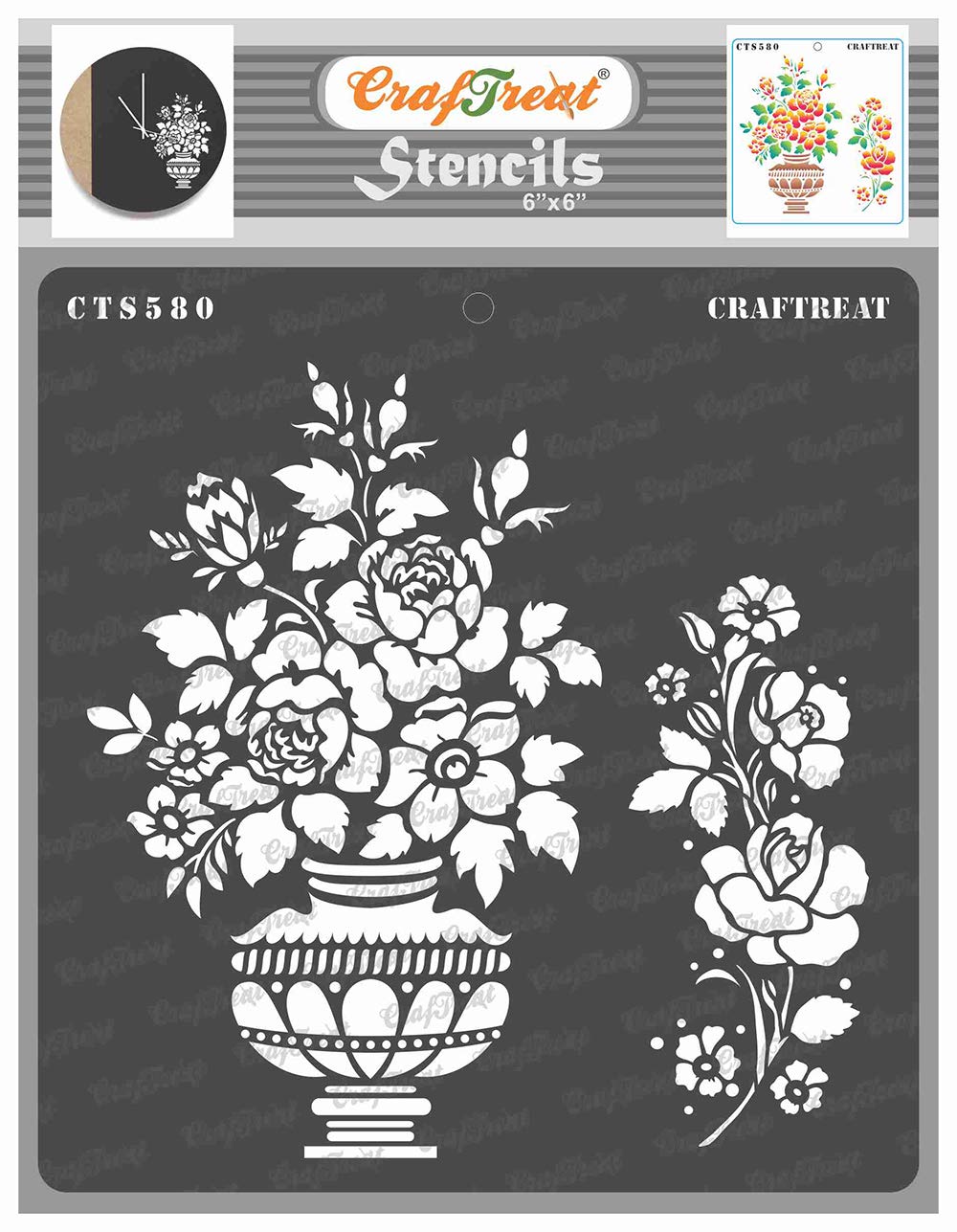 CrafTreat Reusable Flowers Stencils for Painting on Wood, Canvas, Cards, Paper, Fabric, Walls and Tile - Rose Vase - 6x6 Inches - DIY Art and Craft Stencils for Home Decor - Rose Flower Stencil