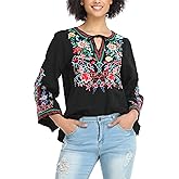 YZXDORWJ Women's Mexican Long Sleeve Blouse Embroidered Traditional V Neck Top Boho Tunic