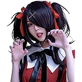 Half and Half Black Ponytail Wig with Bangs Short Curly Black Anime Lolita Cosplay Wigs + Hairpins + Red Ribbons + Hair Net for Women Halloween Party
