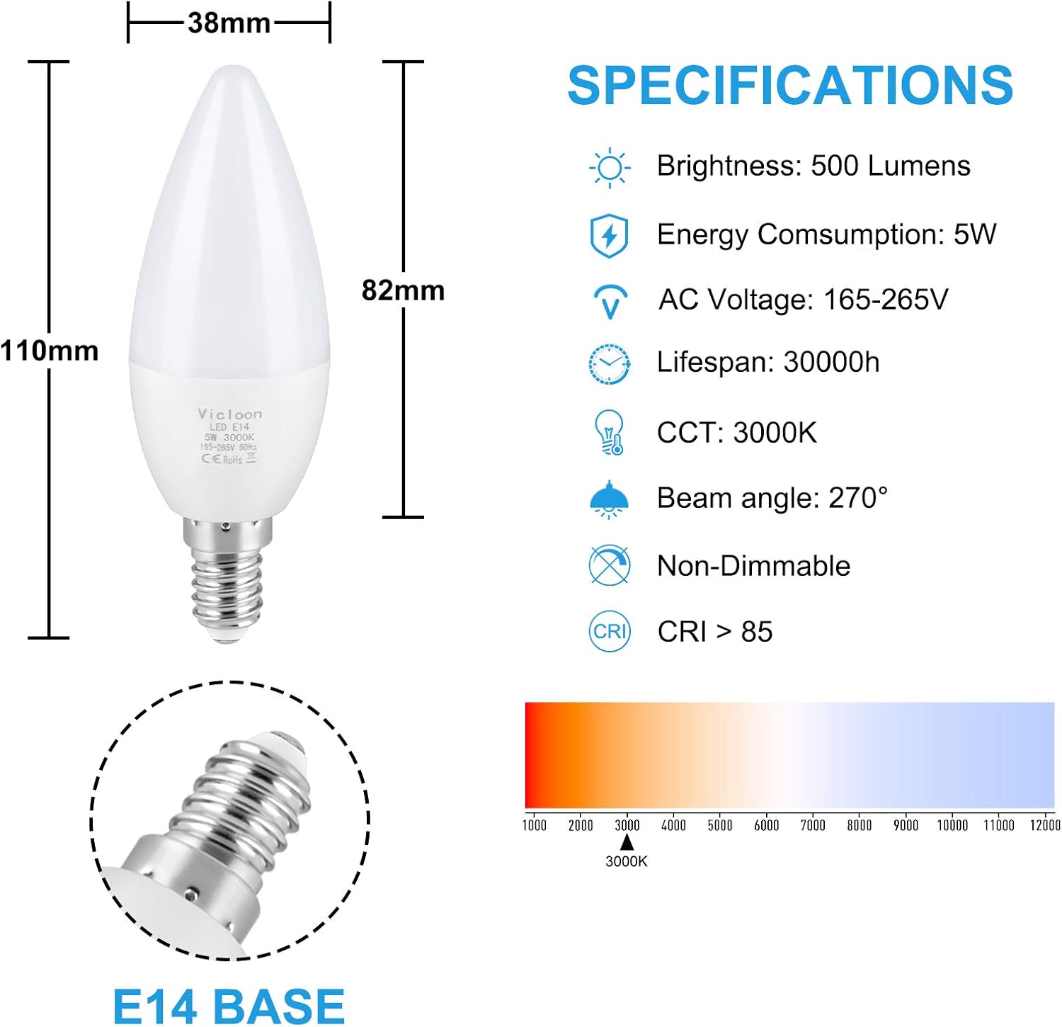Vicloon E14 LED Candle Bulbs, 5 Pcs 5.5W C37 E14 LED Bulbs, 40W Incandescent Equivalent, Warm White 3000K, 500LM - Image 3