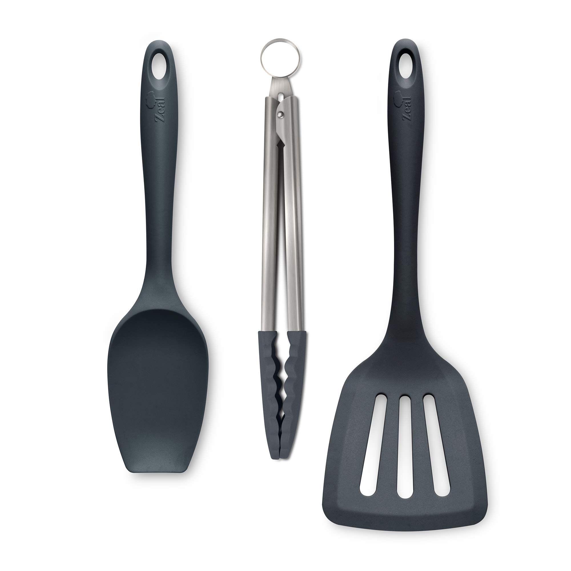 Zeal JSET27T Non-Stick Silicone Spatula Spoon, Cooking Tongs & Turner 3-Piece Set-Dark Grey