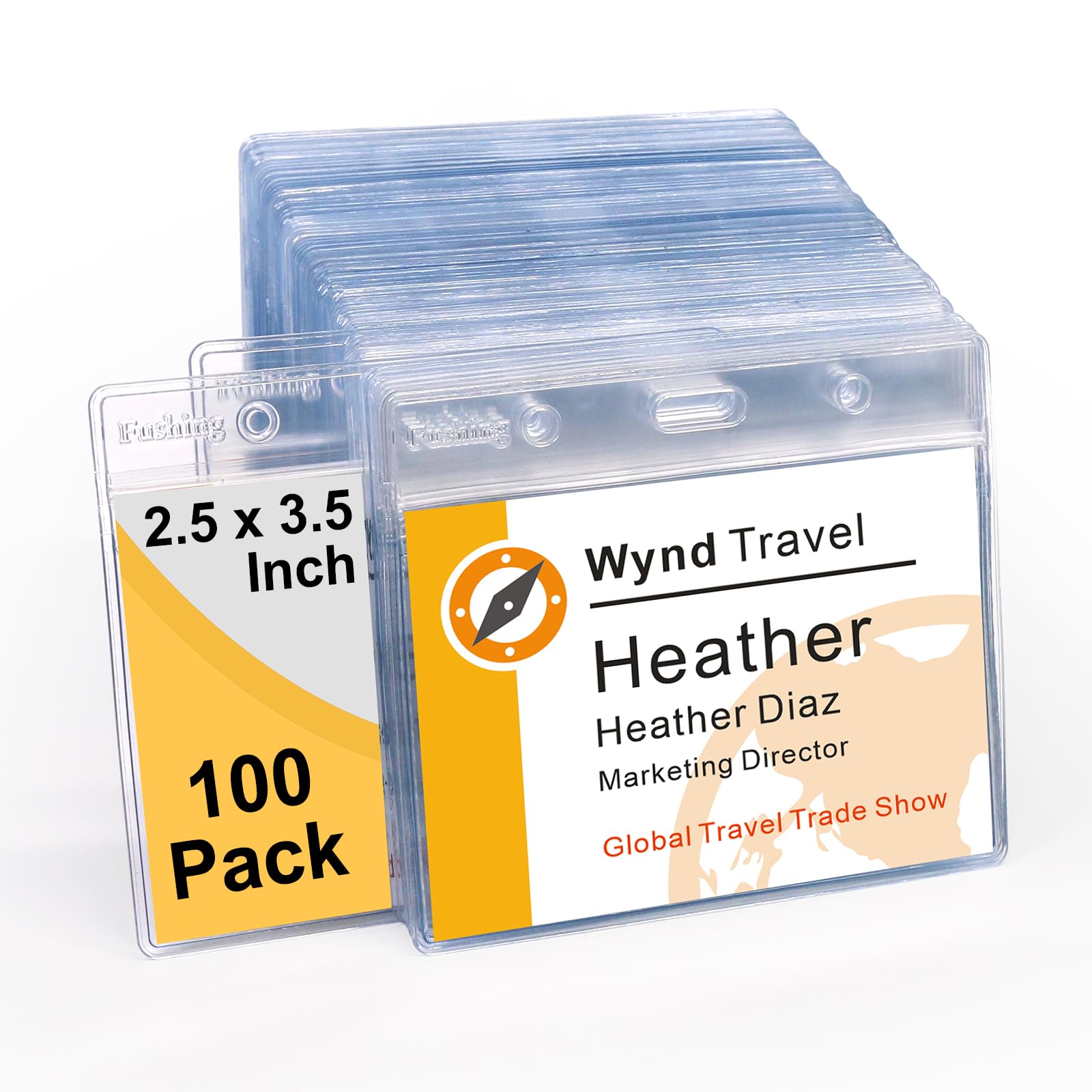 Photo 1 of 2.5x3.5 Inch Name Badge Holders - Fushing Clear Plastic Horizontal Name Tag Badge ID Card Holders for 2.5 x 3.5 Inch Labels, ID Cards, Name Badge Inserts or Name Tag Inserts (100)