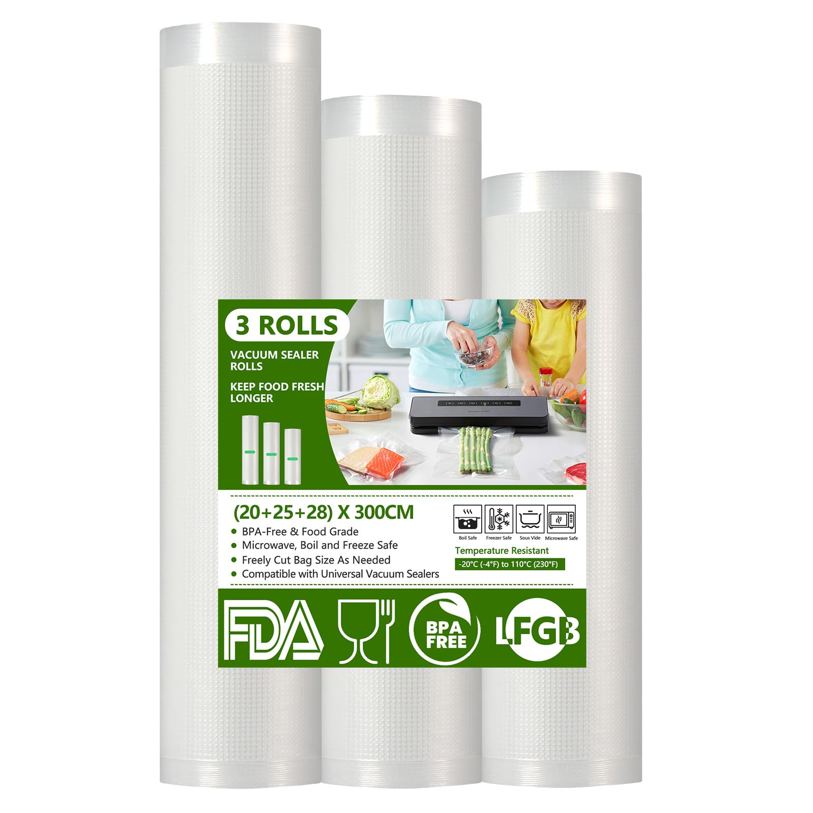 Diboniur Vakuumierbeutel 3 Rollen Vakuumierfolie, Vakuumbeutel Lebensmittel 28/25/20x300cm, Sous Vide Beutel, Einschweißfolie für alle Vakuumierer
