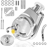 Power Steering Pump Saginaw Chrome Pump - Includes Pulley Double Groove V-belt 5-7/8" Key Way Shaft Bracket Kit Compatible with Chevy GM SBC 265-400 1966-1984 Replaces 4312C, 9609x
