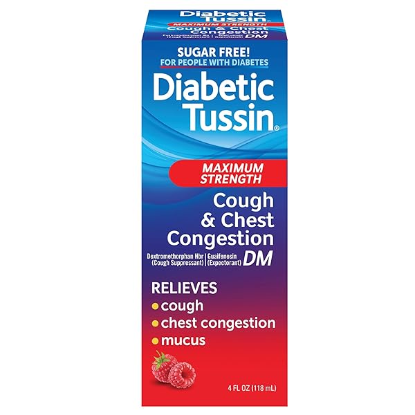 DIABETIC TUSSIN DM MAXIMUM STRENGTH COUGH AND CHEST CONGESTION RELIEF LIQUID COUGH SYRUP, SAFE FOR DIABETICS, BERRY FLAVORED, 4 FL OZ (PACK OF 1)
