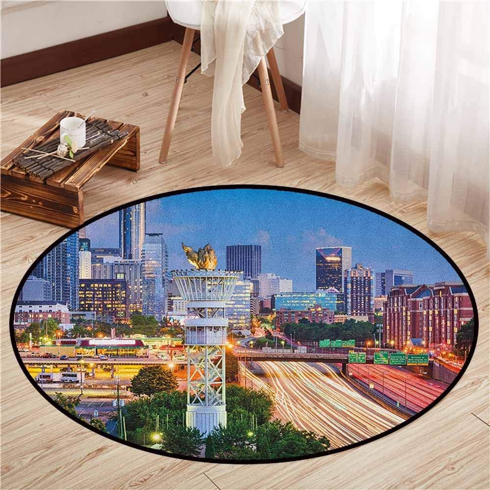 Custom Rugs,United States,Atlanta Georgia Urban Busy Town with Skyscrapers City Landscape,Anti-Slip Doormat Footpad Machine Washable,3'3" Pale Blue Yellow Coral