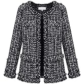 chouyatou Women's Fall Business Casual Tweed Blazer Jacket Collarless Open Front Dressy Tweed Jacket