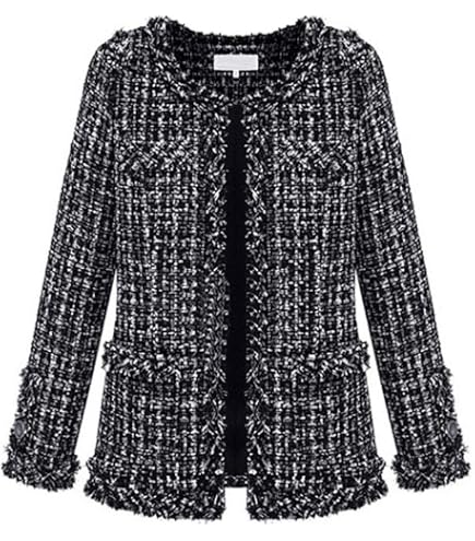 ebossy Women's Elegant Open Front Round Neck Fringed Plaid Tweed