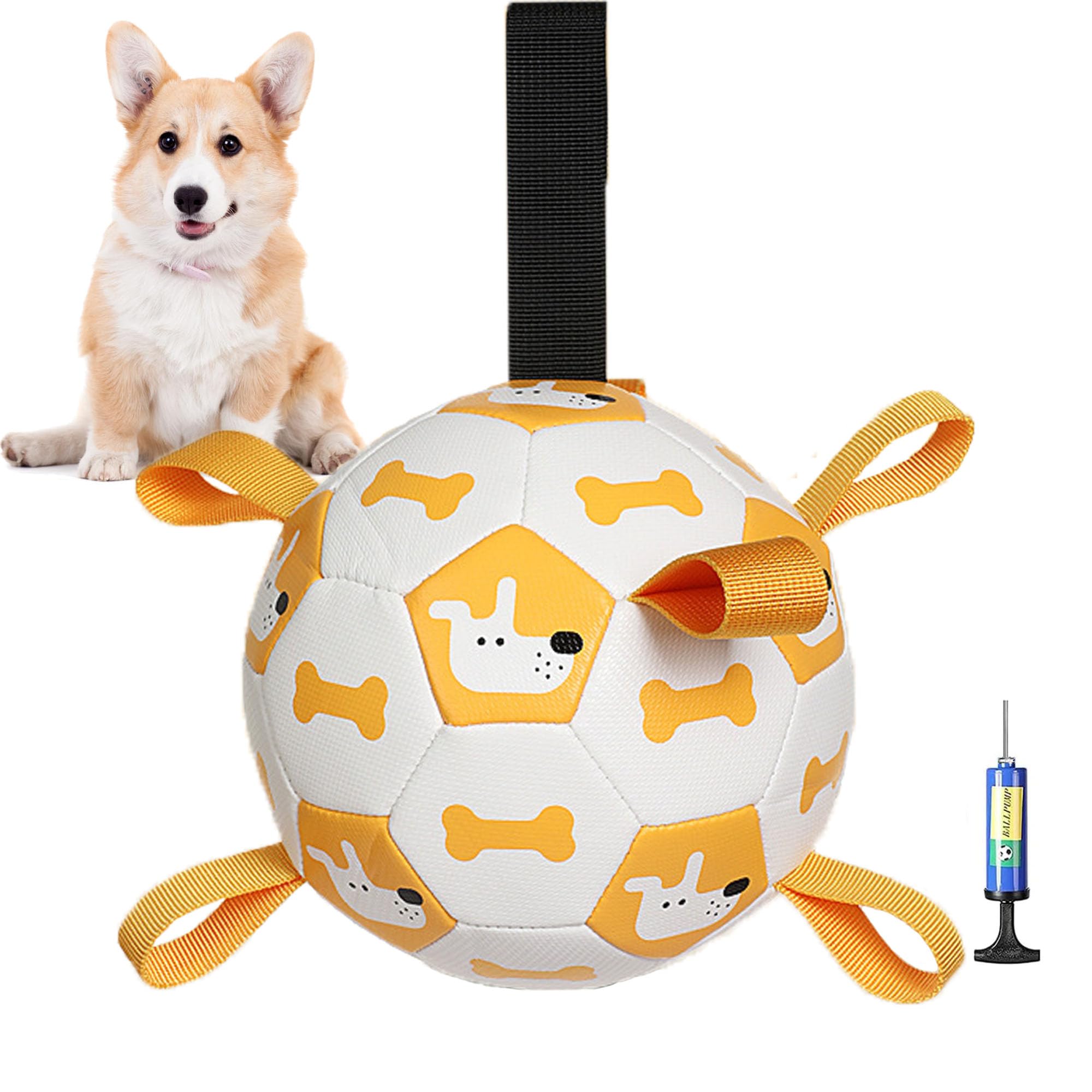 YUEMING Dog Balls Toys, Interactive Dog Football Toys with Grab Tabs and Air Pump, Durable Dog Water Balls for Small Medium Breed Indoor and Outdoor (White, 19cm)