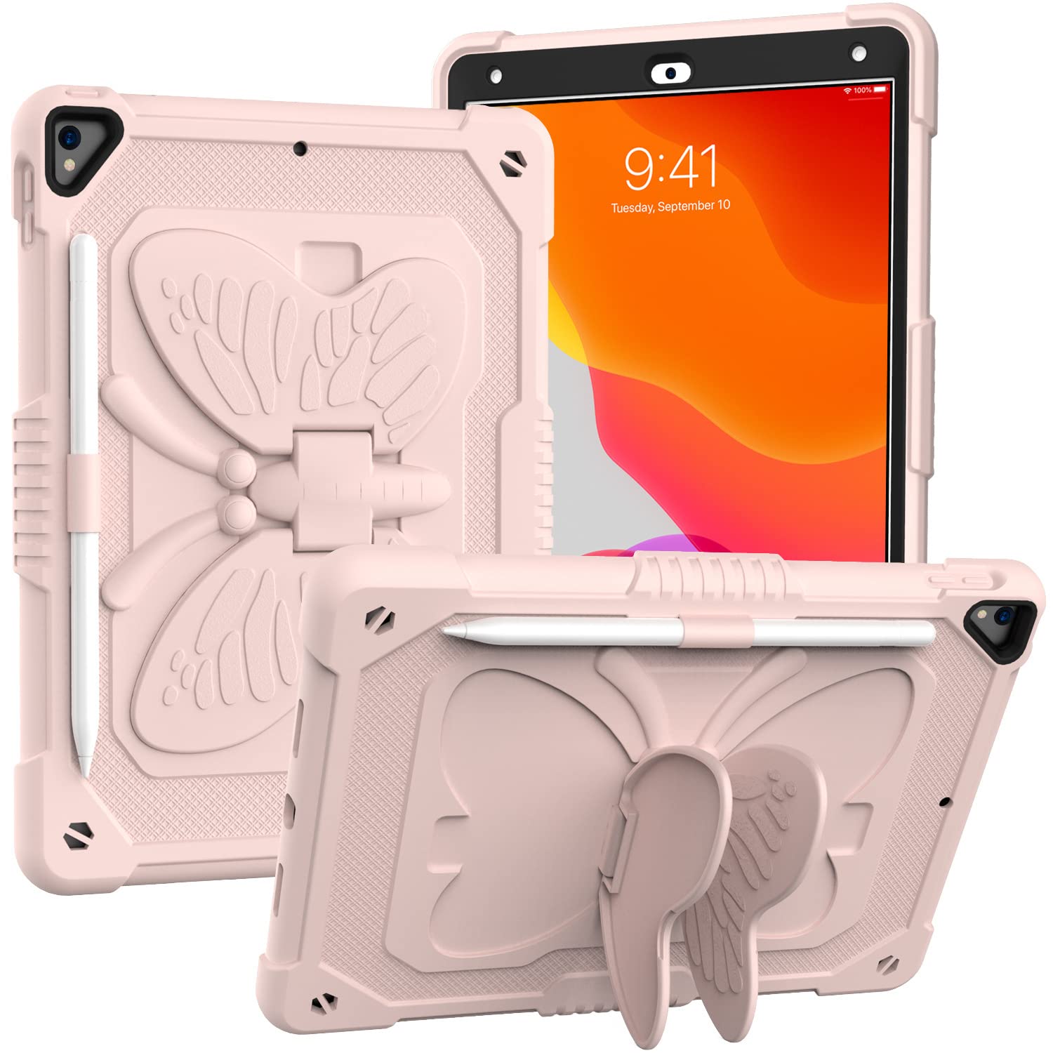 iPad 10.2 Inch 2021/2020/2019 Case with Shoulder Strap, Heavy Duty Shockproof Protective Case with Butterfly Mount for 9th/8th/7th Gen (Pink)