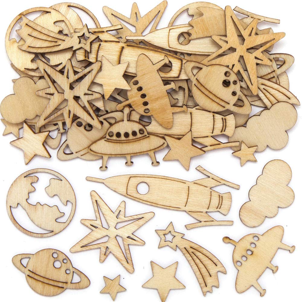 Baker Ross AX318 Outer Space Wooden Shape Decorations - Pack of 45, Solar System Wood Decorations, Card Making Supplies, Ideal for Kids Arts and Crafts Projects