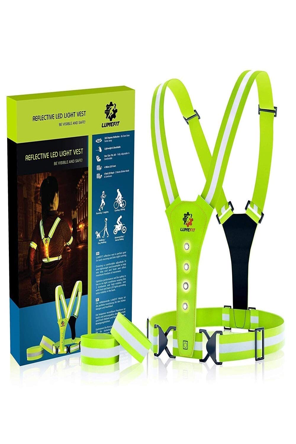 LUMEFIT Running Reflective Vest, High Visibility Vests with Armbands, High Vis Tank Top for Kids Women Men, Adjustable Safety Gear Harness, 8 LED Chest Running Lights for Night Cycling Walking Jogging