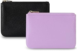 Chelmon PU Leather Coin Purse Pouch Change Holder Small With Zipper for Men Women 2 PCS Set (Black&Purple)