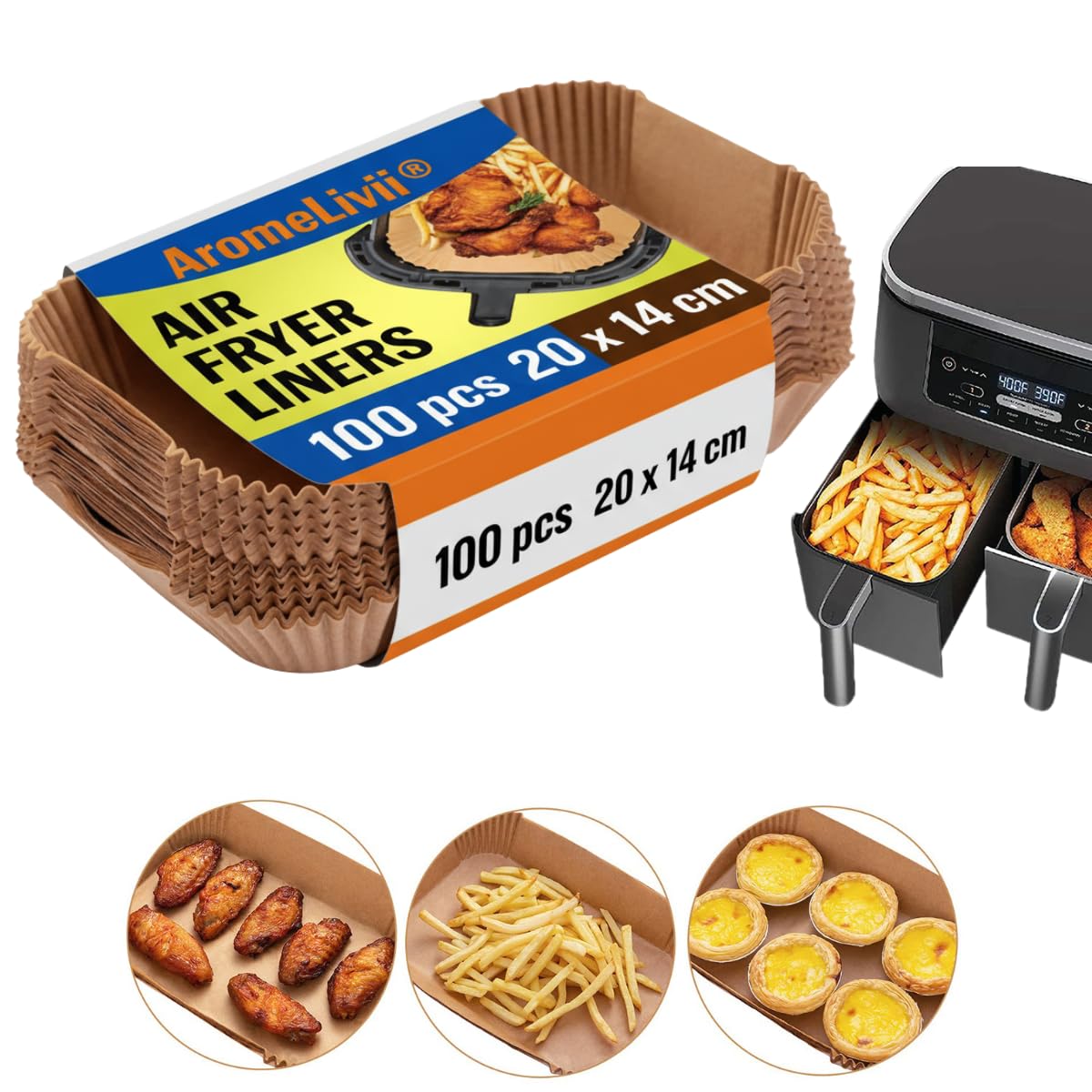 100 Stück Backpapier für Ninja Foodi MAX Dual Zone Heißluftfritteuse [AF300EU] [AF400EU] [AF500EU] 20 x 14 cm Antihaft Wasserdicht Ölfest Spritzschutz Air fryer Zubehör für Doppelkammer Luftfritteuse