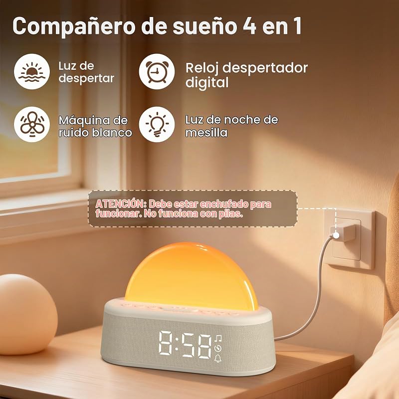 Despertador Amanecer, Despertador Luz Natural Simulación de Amanecer, Despertador Solar, Wake Up Light con Función Alarma y Snooze, 30 Ruido Blanco, 20 Niveles Brillo, 8 Modos de Luz, Temporizador