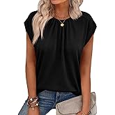 Tankaneo Womens Cap Sleeve Tank Tops Summer Pleated Elastic Crew Neck T Shirts Casual Loose Fit Basic Tees