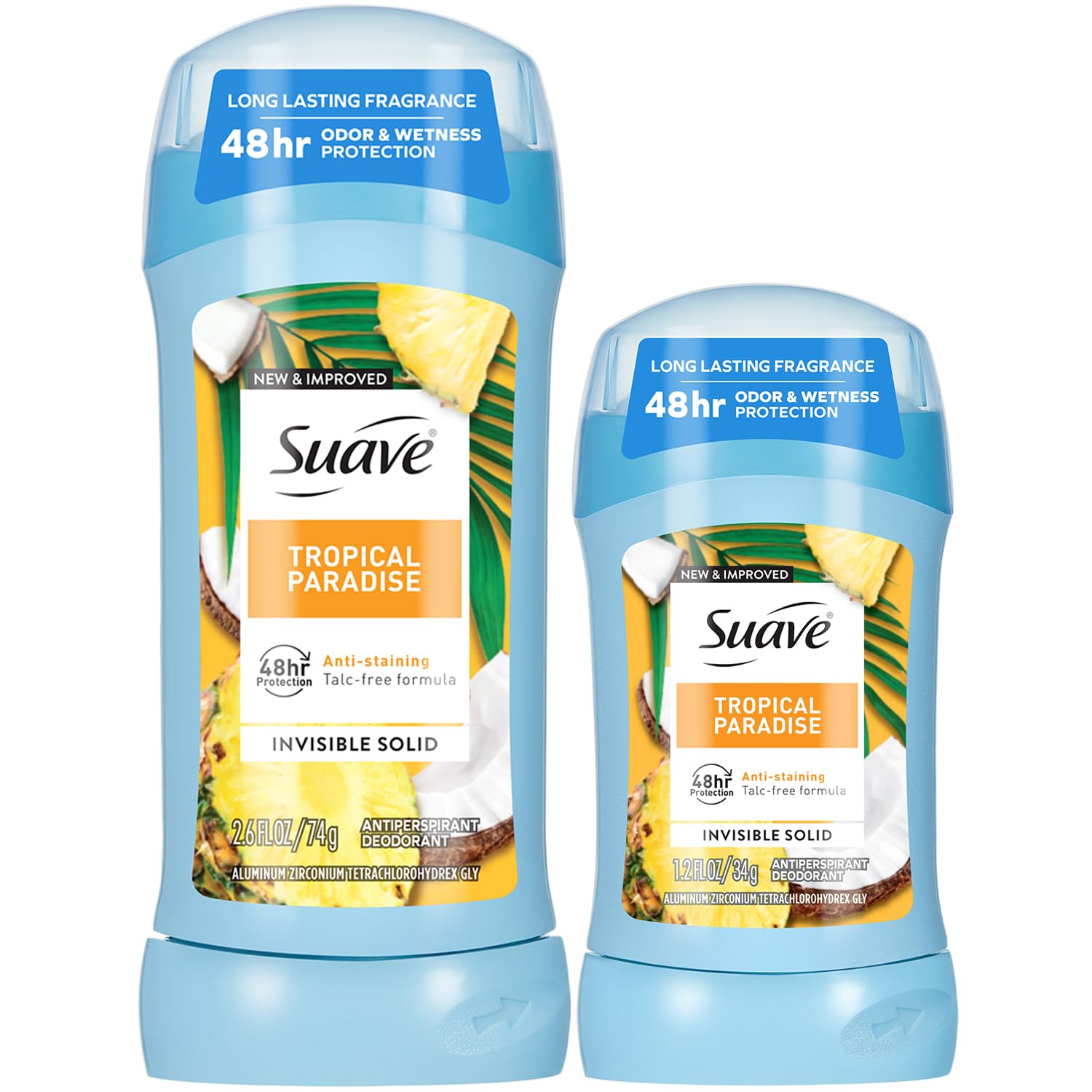 Suave Antiperspirant Deodorant for Women, Tropical Paradise 2-Size Variety Pack – Anti-Staining Invisible Solid, Talc-Free (2 Piece Set)