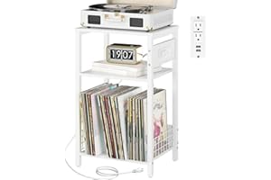 Yoobure Record Player Stand, 3-Tier White Side Table with Charging Station, Small End Table Record Holder with Vinyl Storage, Beside Tables Turntable Stand for Album CD, Night Stand for Living Room