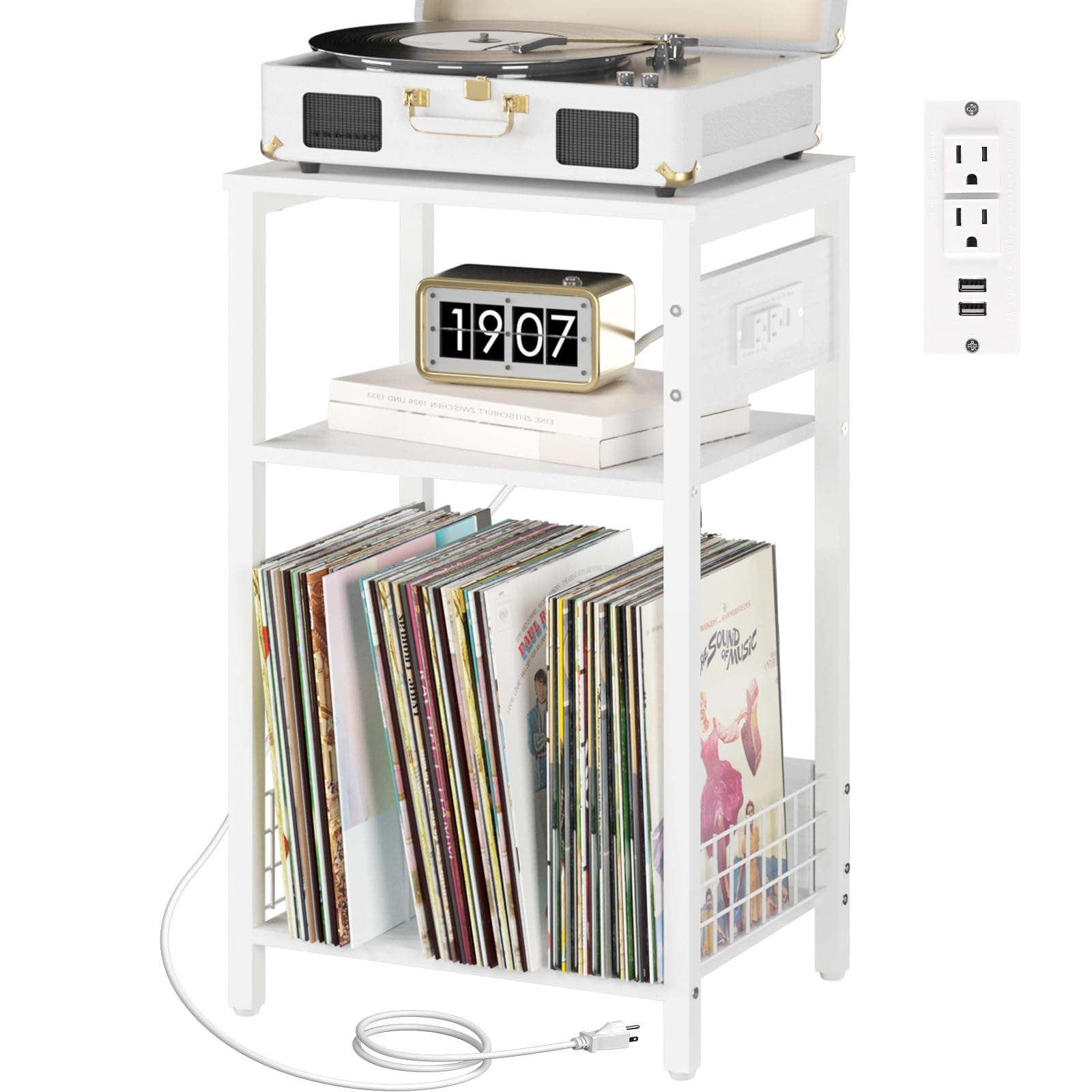 Photo 1 of ** FOR PARTS ONLY **
Yoobure Record Player Stand, 3-Tier White Side Table with Charging Station, Small End Table Record Holder with Vinyl Storage, Beside Tables Turntable Stand for Album CD, Night Stand for Living Room