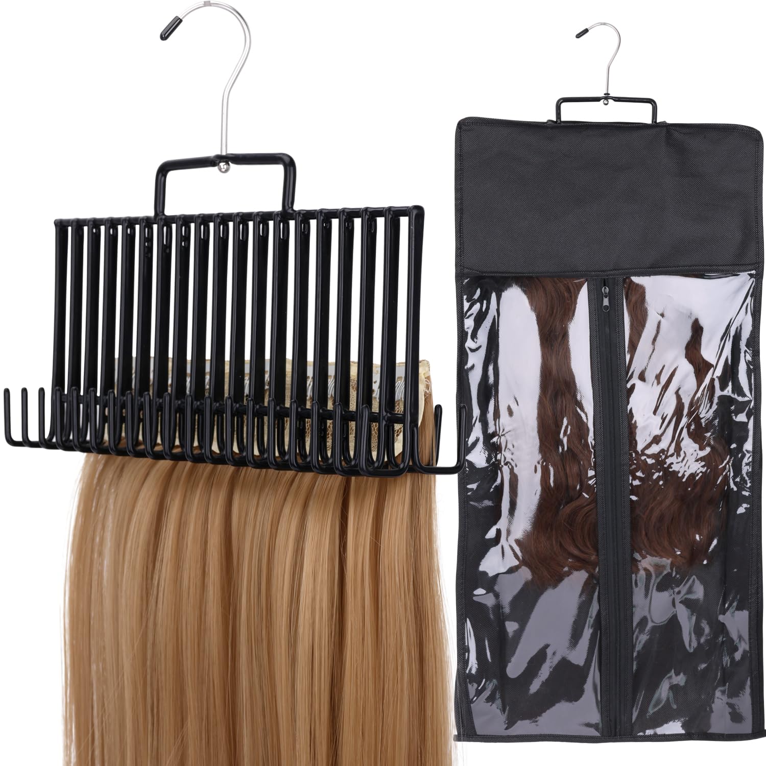 Photo 1 of 2 Set Double Size Hair Extension Holder, Professional Full Length Weft Metal Hair Styling Tool for Multi-Layer Hair Washing, Drying, Coloring, Styling & Storing (Black, Double Size)