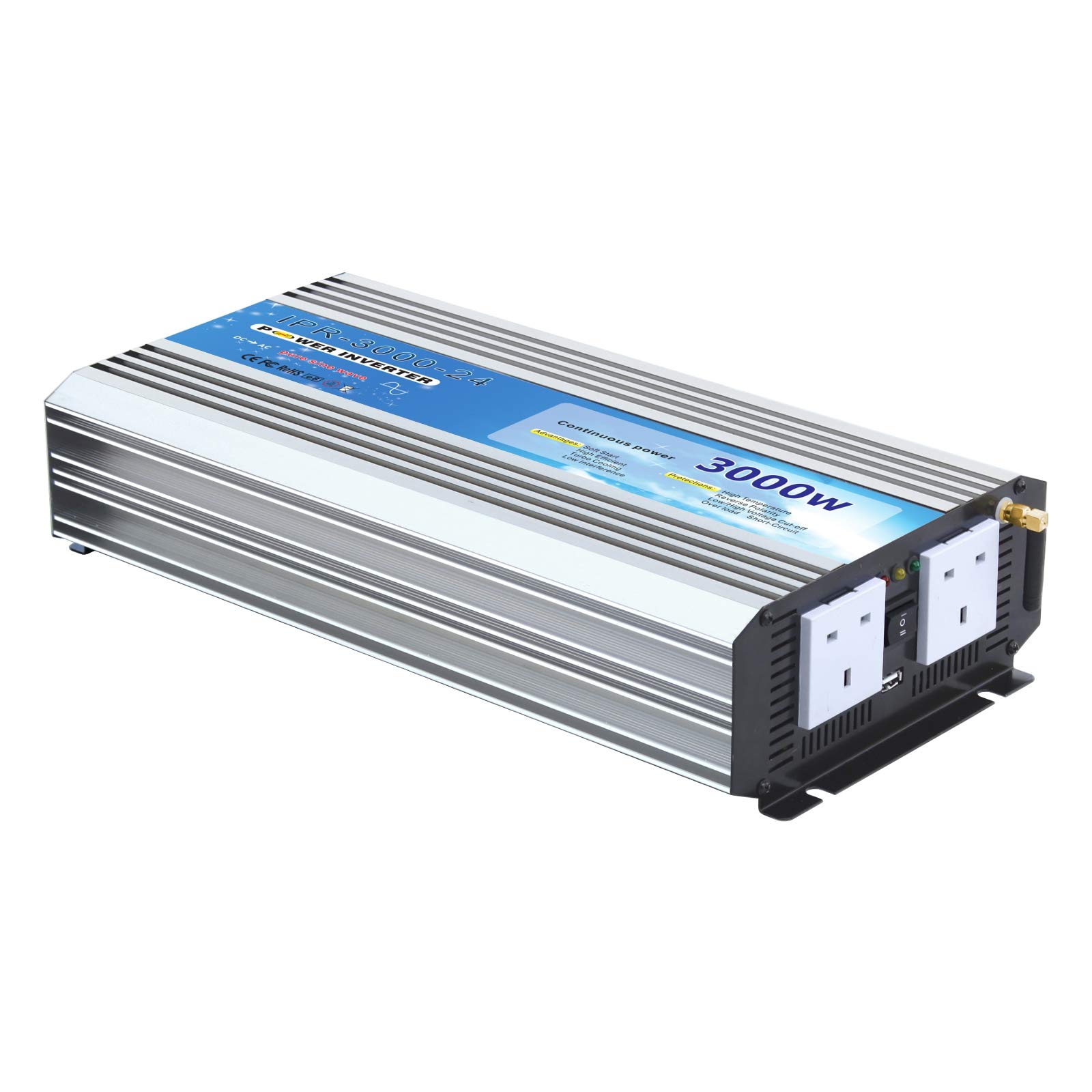 3000W pure sine wave AC power inverter 24V battery to 240V mains electricity (peak power 6000W) with wireless On/Off remote control