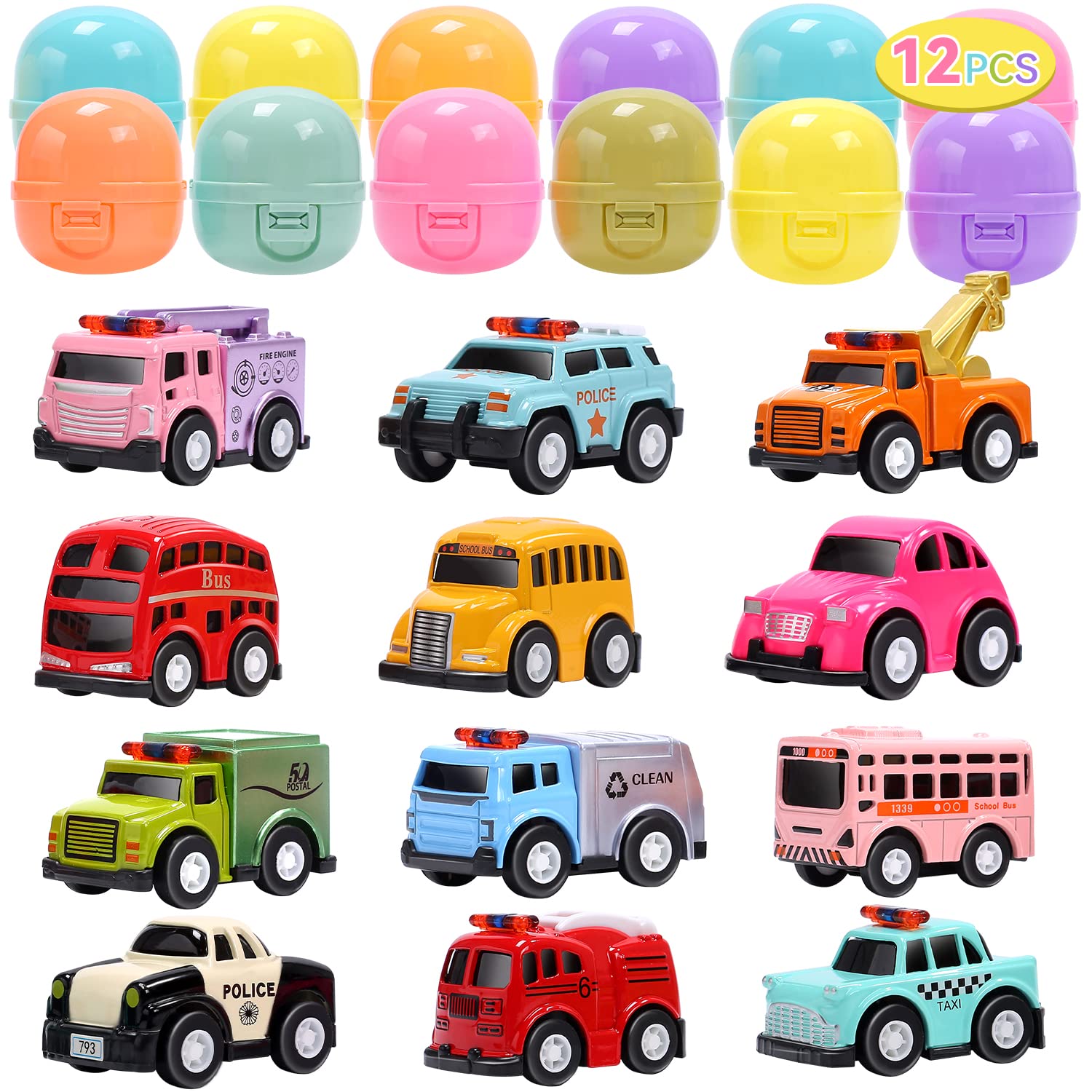 CUTE STONE 12 PCs Filled Easter Egg with Alloy Cars Toy, Easter Basket Stuffers Toys Party Favors for Toddler, Kids