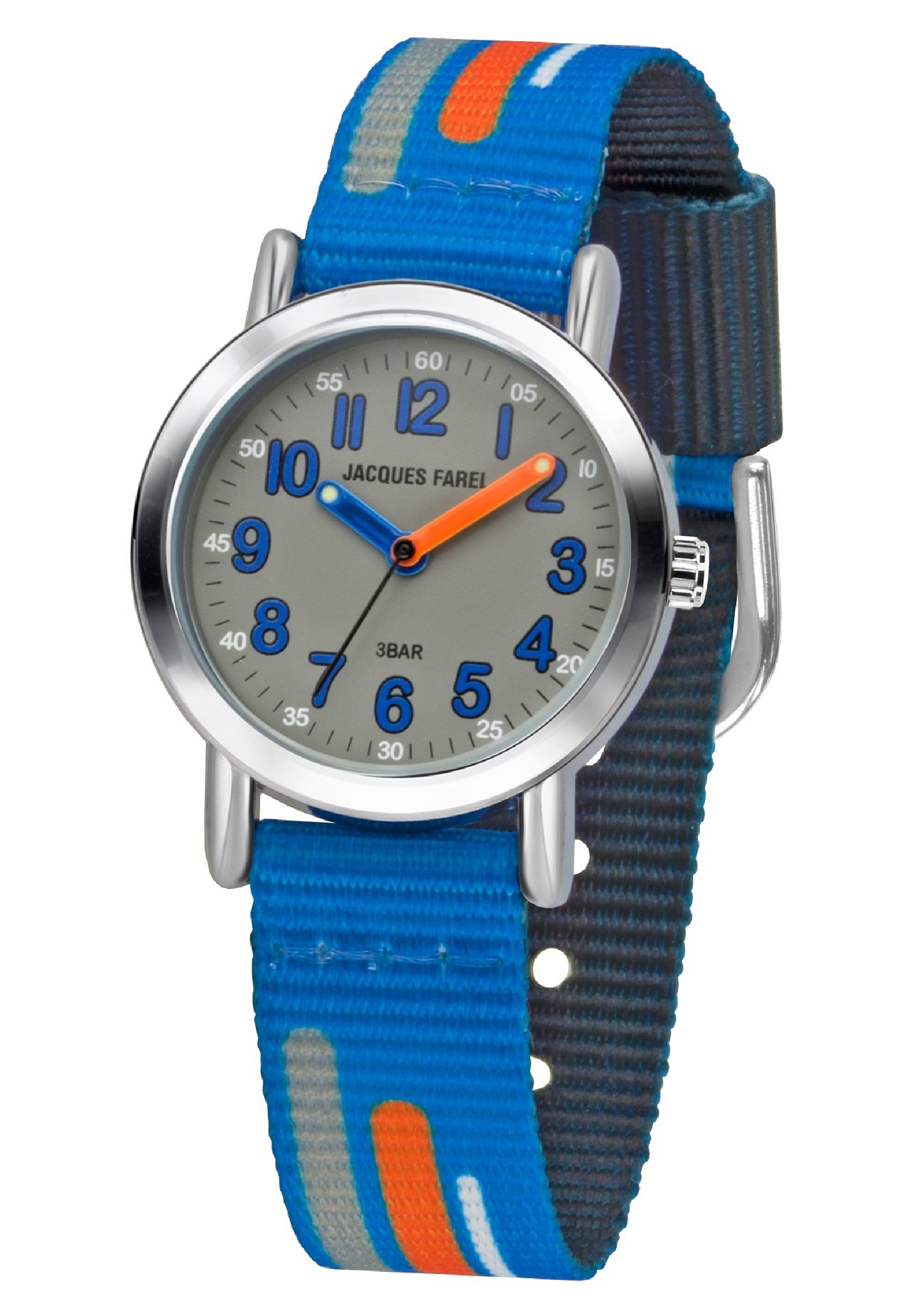 JACQUES FAREL KPS 201 Children's Analogue Quartz Watch with Fabric Strap Blue Orange Grey, blue, Strap