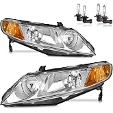 ROADEAL Headlights for 2006-2011 Honda Civic 4-Door | Halogen Headlamp Replacement with High Low Beam Bulbs, Chrome Housing, Driver &amp; Passenger Side