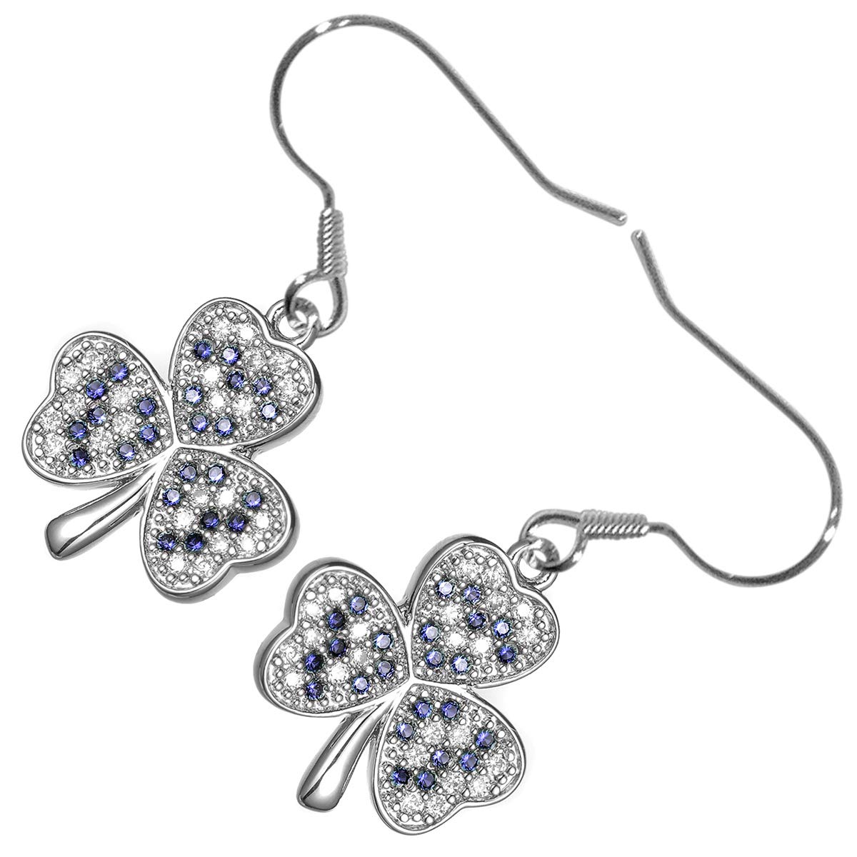 GWG Jewellery 18K White Gold Coated Shamrock Flower Dewed with Sapphire Blue Stones Earrings in Gift Box for Women