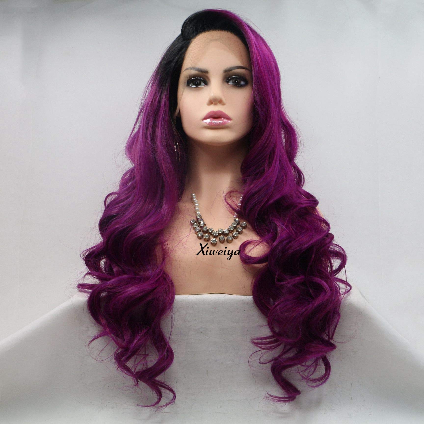 Xiweiya Ombre Purple Lace Front Long Wavy Wig Heat Resistant Side Part Two Tone Soft Lace Hair Girl Hairstyle Drag Queen Synthetic Purple Body Wave Wig — image 1