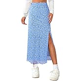 Avanova Women Boho Floral Mesh Slit Split Maxi Skirt High Waisted Sexy Long Skirts Blue Floral Medium