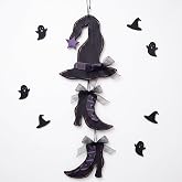 Bbto Halloween Witch Hat Door Wreath Decor, Wooden Hanging Shoes Sign Home | Witch Hat Boot Hanging Sign, Wooden Black Purple Porch Welcome Decor, Front Door Wreath, Outdoor Indoor Halloween Display