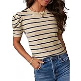 Dokotoo Women's Short Puff Sleeve Knit Tops 2026 Trendy Crewneck Striped T Shirts Casual Summer Blouses